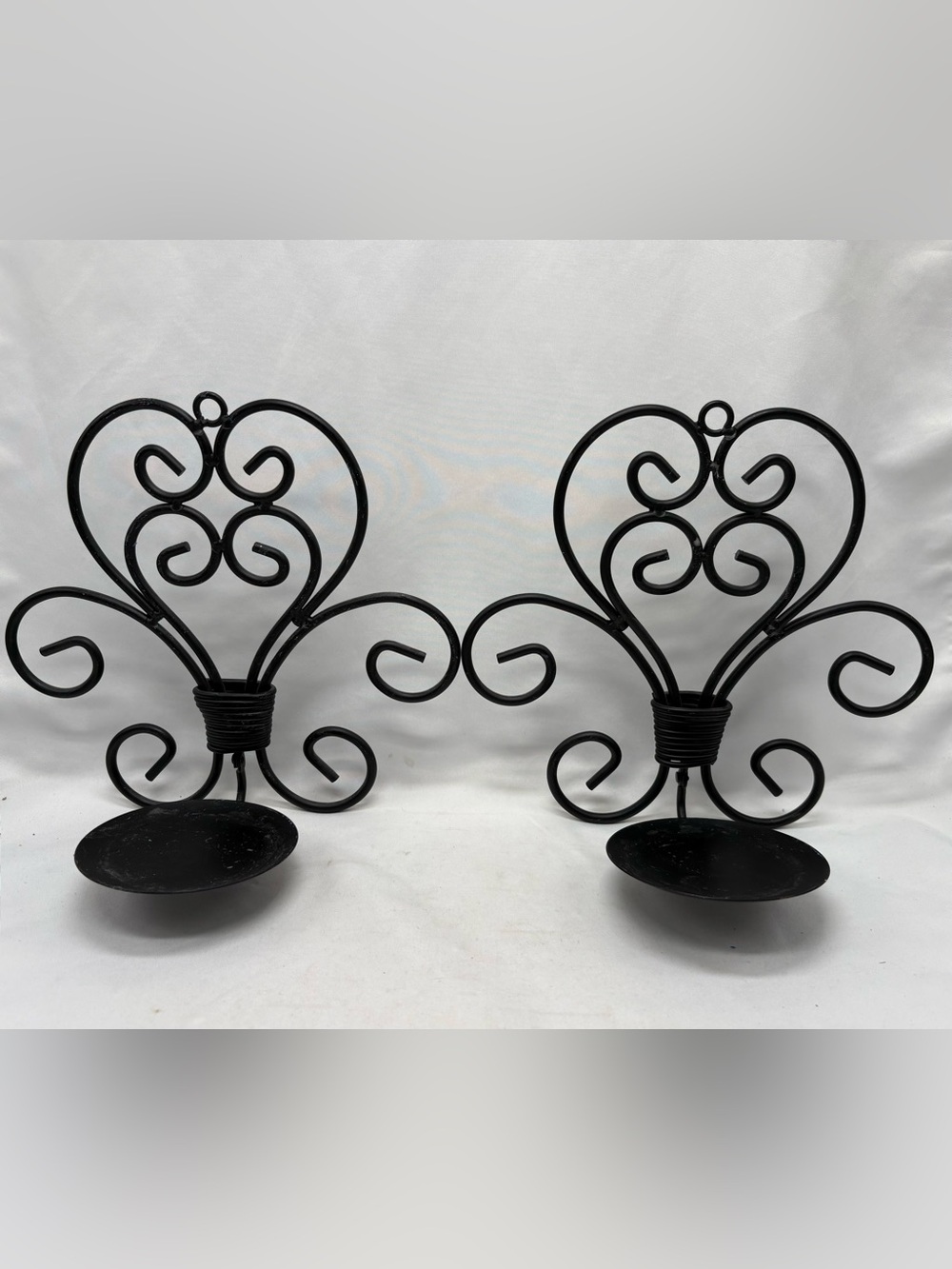 Pair of Vintage Black 9”x10" Ornate Wrought Iron Wall Pillar Candle Sconces
